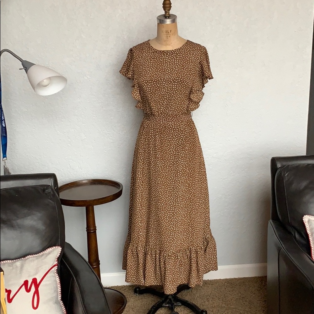 Pando Grove brown polka dot dress with ruffles